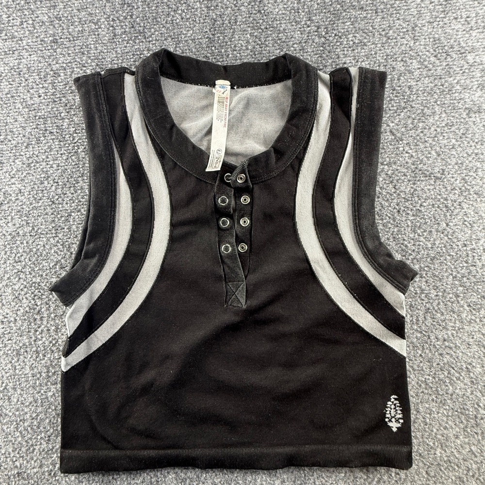 FP Movement Free People Black Grey Striped Ribbed Henley Crop Tank Top M/L